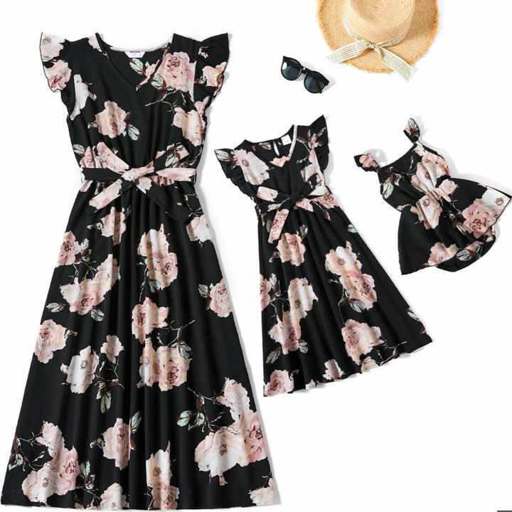 Good price for new design floral print matching sets family casual mother and daughter dresses 