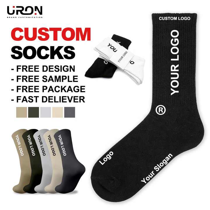 Uron عينة مجانية عالية الجودة مخصصة الجوارب طاقم شعار مخصص الرجال الجوارب ملابس الشارع Uron Free Sample High Quality Custom Crew Socks Custom Logo Men's Streetwear Socks