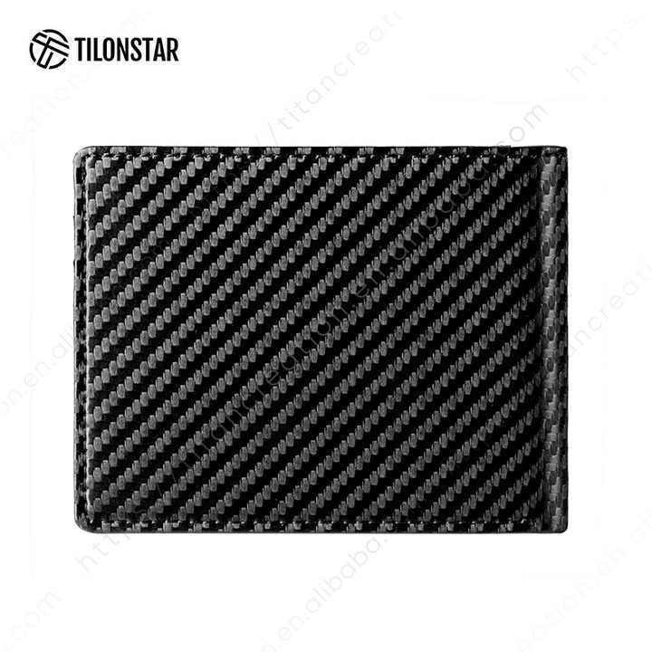 محفظة رجالية جلدية قصيرة قابلة للطي من ألياف . Men's Short Carbon Fiber Leather Bifold Wallet in Black