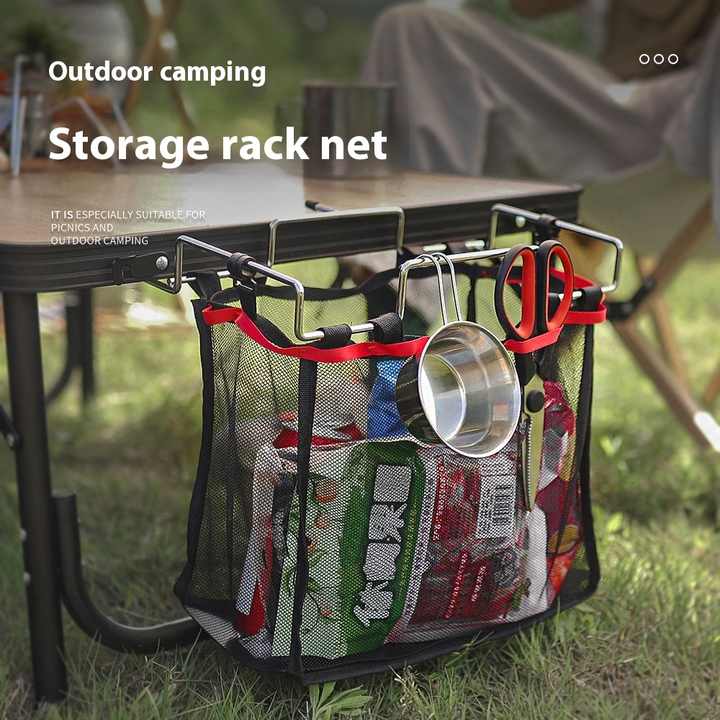 Portable Foldable Camping Storage Mesh Rack Organizer Outdoor Picnic Table Mesh Bag for Travel Kitchen 