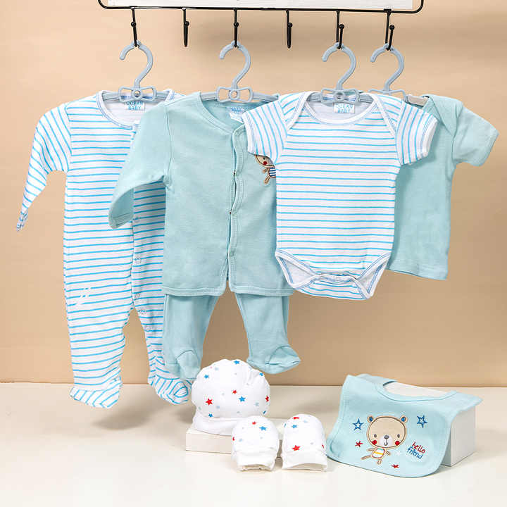 High Quality Multi-design Combed Cotton 8 Piece Set Newborn Baby Bodysuit Rompers Baby Full Set 