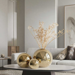 Golden Plated Ceramic Ball Flower Vase Figurines for Modern Interior Decorative Pot for Home Living Room 
