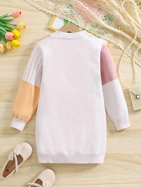 Casual Daily Outgoing in Spring ODM Supply for Children- فستان محبوك بأكمام طويلة ورقبة مرقعة