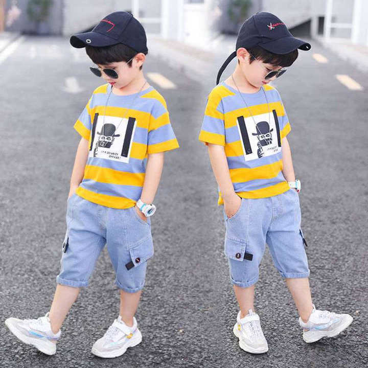 Summer baby boys clothes cotton stripe suit. 