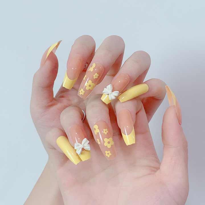 High Quality Artificial Nails - Fake Butterfly Yellow Flower Pattern Nail Art Long Removable 