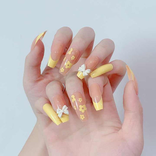 High Quality Artificial Nails - Fake Butterfly Yellow Flower Pattern Nail Art Long Removable 