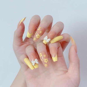 High Quality Artificial Nails - Fake Butterfly Yellow Flower Pattern Nail Art Long Removable 
