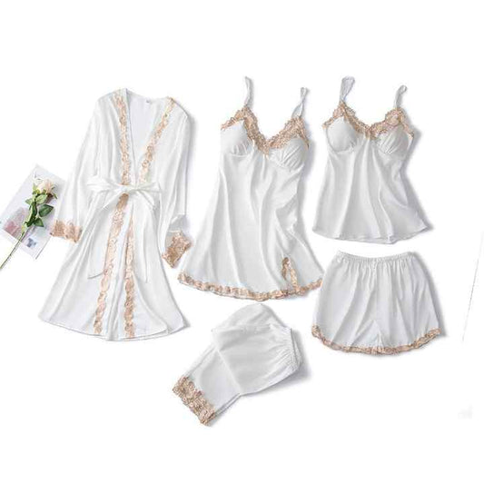 5 Pieces Summer Pajama Suit Sleepwear Girls Sexy Ladies Pajamas Nightgown Silk Satin Women Sleepwear Set with Robe5 قطع بدلة بيجامة صيفية ملابس نوم الفتيات مثير السيدات بيجامة ثوب نوم الحرير الساتان النساء مجموعة ملابس النوم مع رداء