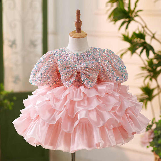 Baby Birthday Tiered Clothing- فساتين صيفية وردية مطرزة بالترتر للفتيات الصغيرات