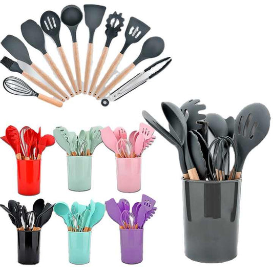 Utensils Set with Wooden Handle-خشبي من السيليكون
