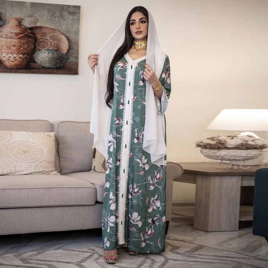 Summer Middle East Muslim Robe Jalabiya Printed Lace Long Dress Mother Daughter Parent Child Dress for Women 
