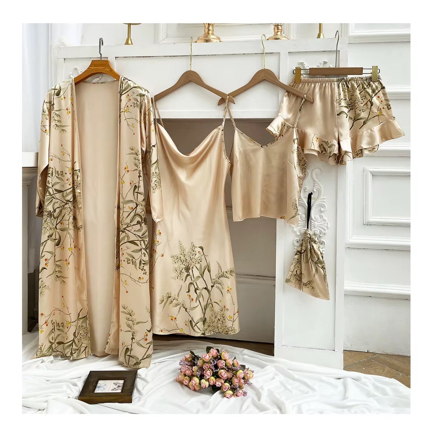 Floral Print Silk Pajamas - Robe Set for Women