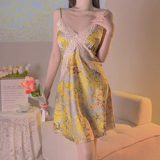 New Women's Printed Sleepwear Floral Cross Lace Pajamas with Bra and Bra Nightdress Female Home Sleepwearملابس نوم جديدة مطبوعة للسيدات بيجامات بالزهور متقاطعة بالدانتيل مع حمالة صدر وحمالة صدر فستان نوم نسائي ملابس نوم منزلية